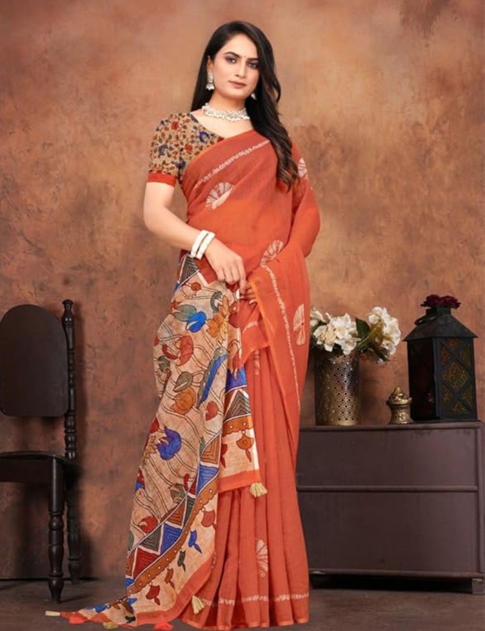 Pure linen cotton saree with kalamkari printed boarder , Orange colour