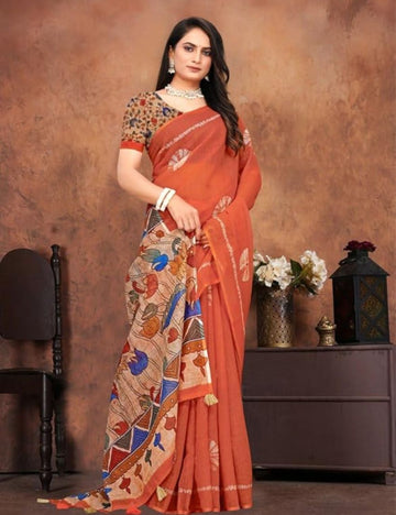 Pure linen cotton saree with kalamkari printed boarder , Orange colour