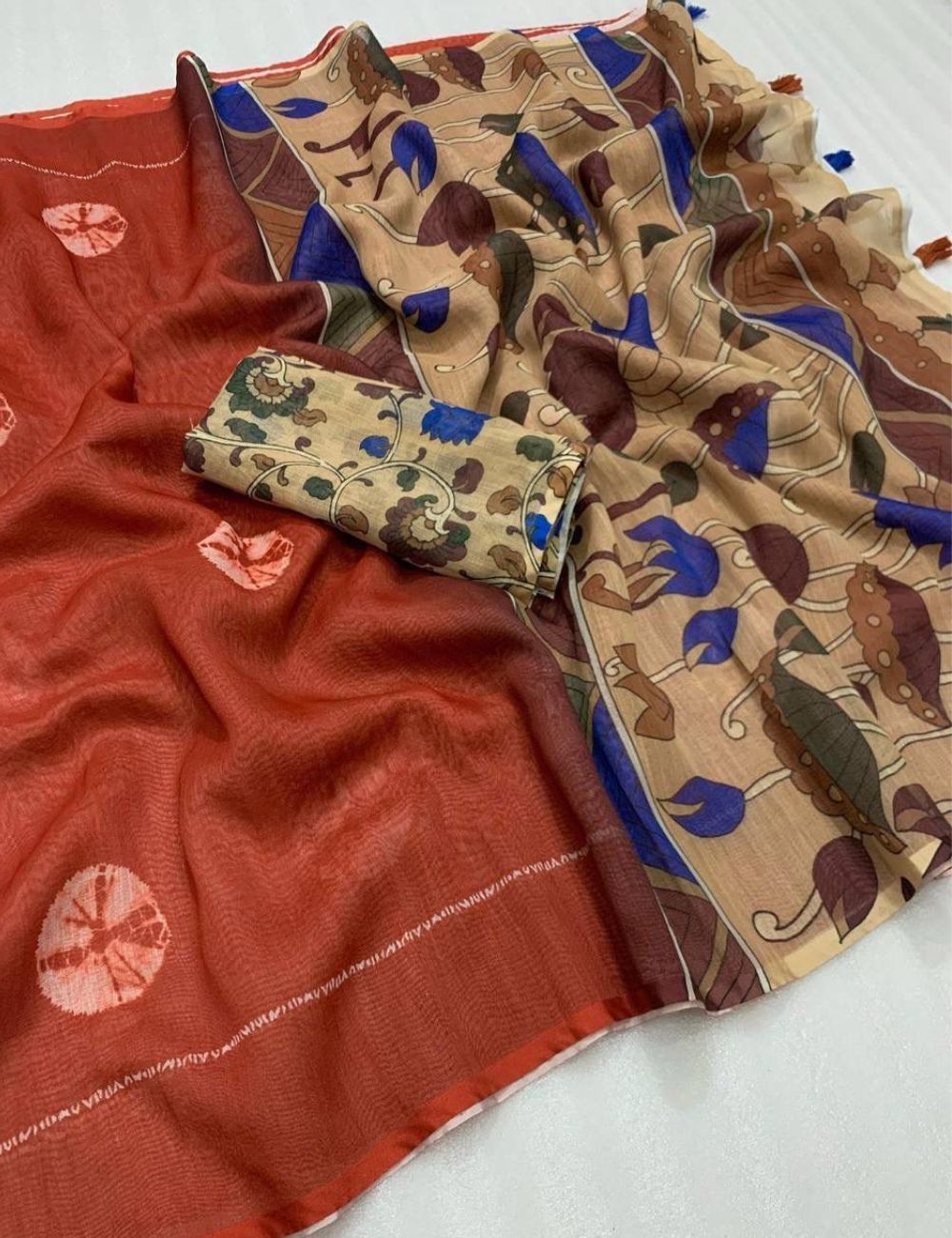 Pure linen cotton saree with kalamkari printed boarder , Orange colour