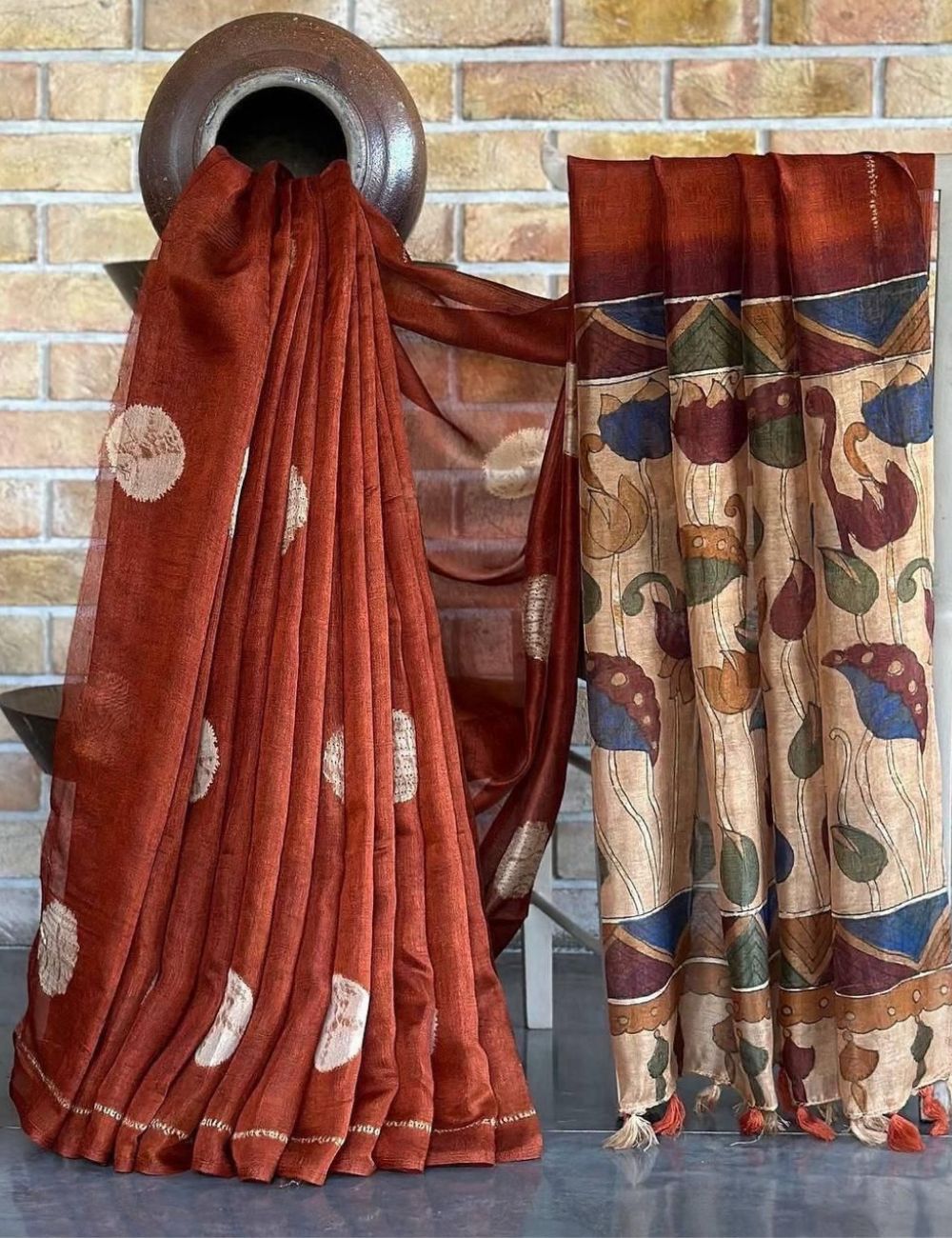 Pure linen cotton saree with kalamkari printed boarder , Orange colour