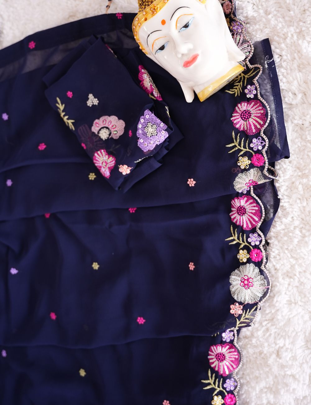 Dark Blue Embroidery Premium chiffon saree