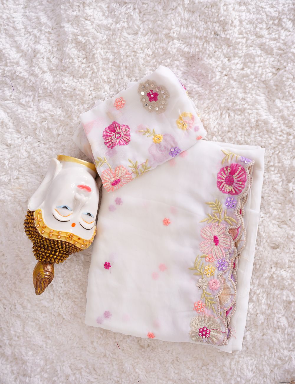 White Embroidery Premium Chiffon saree