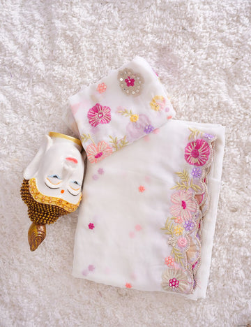 White Embroidery Premium Chiffon saree