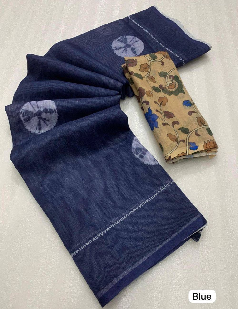 Pure Linen Cotton Saree with Kalamkari Print Border, Dark Blue with