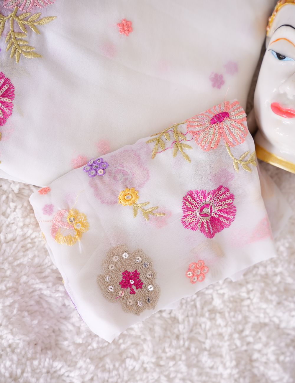 White Embroidery Premium Chiffon saree