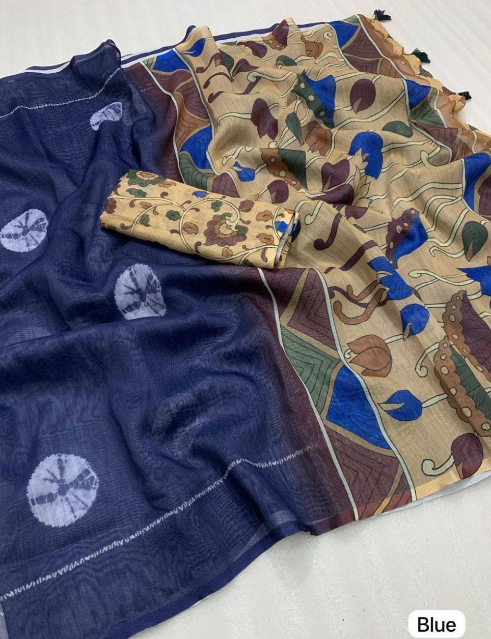Pure Linen Cotton Saree with Kalamkari Print Border, Dark Blue with