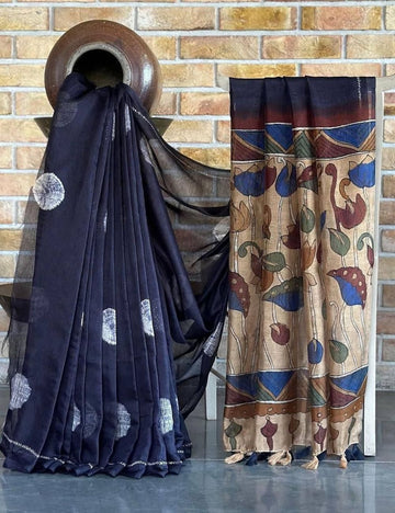 Pure Linen Cotton Saree with Kalamkari Print Border, Dark Blue with