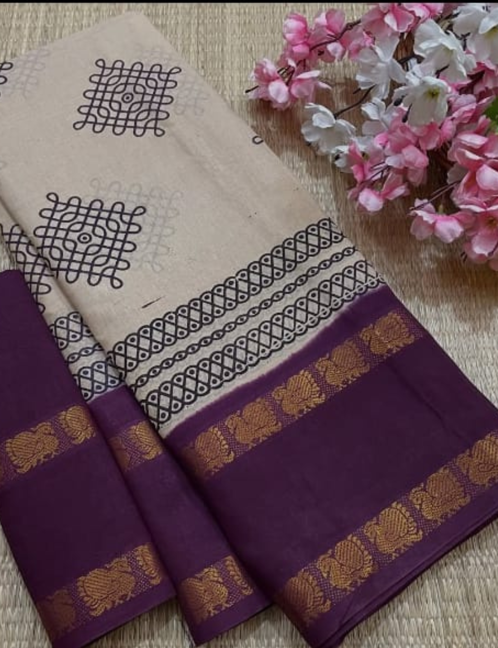 Beige Sungadi cotton saree with Royal purple border
