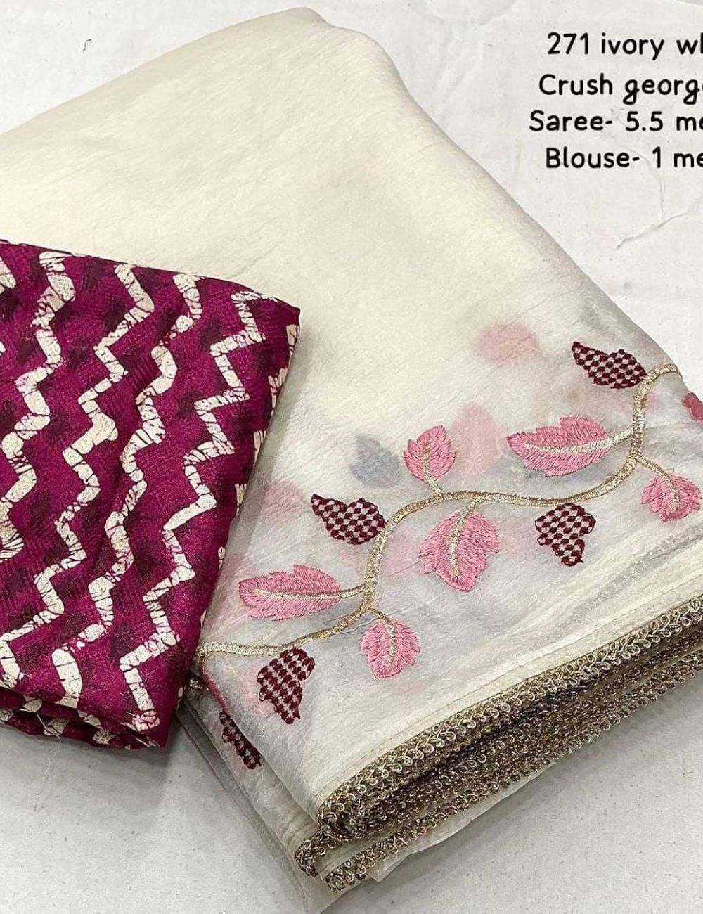 Crush georgette embroidery saree Ivory white and purple