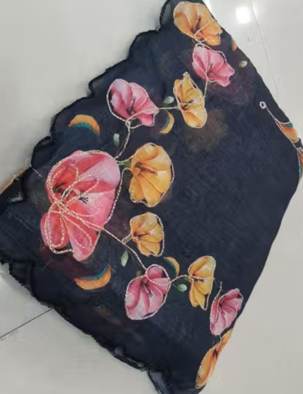Black Linen cotton saree with scallop and kantha work border