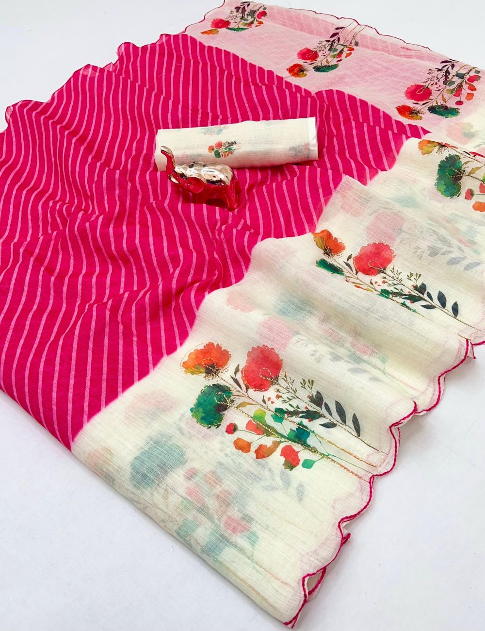 Pink color scalloped kantha work linen saree with contrast blouse