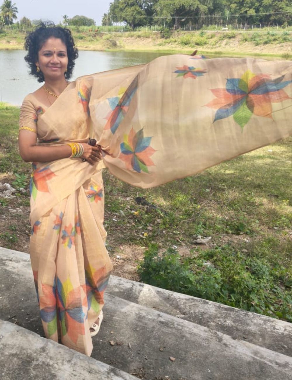 Golden floral printed tissue saree