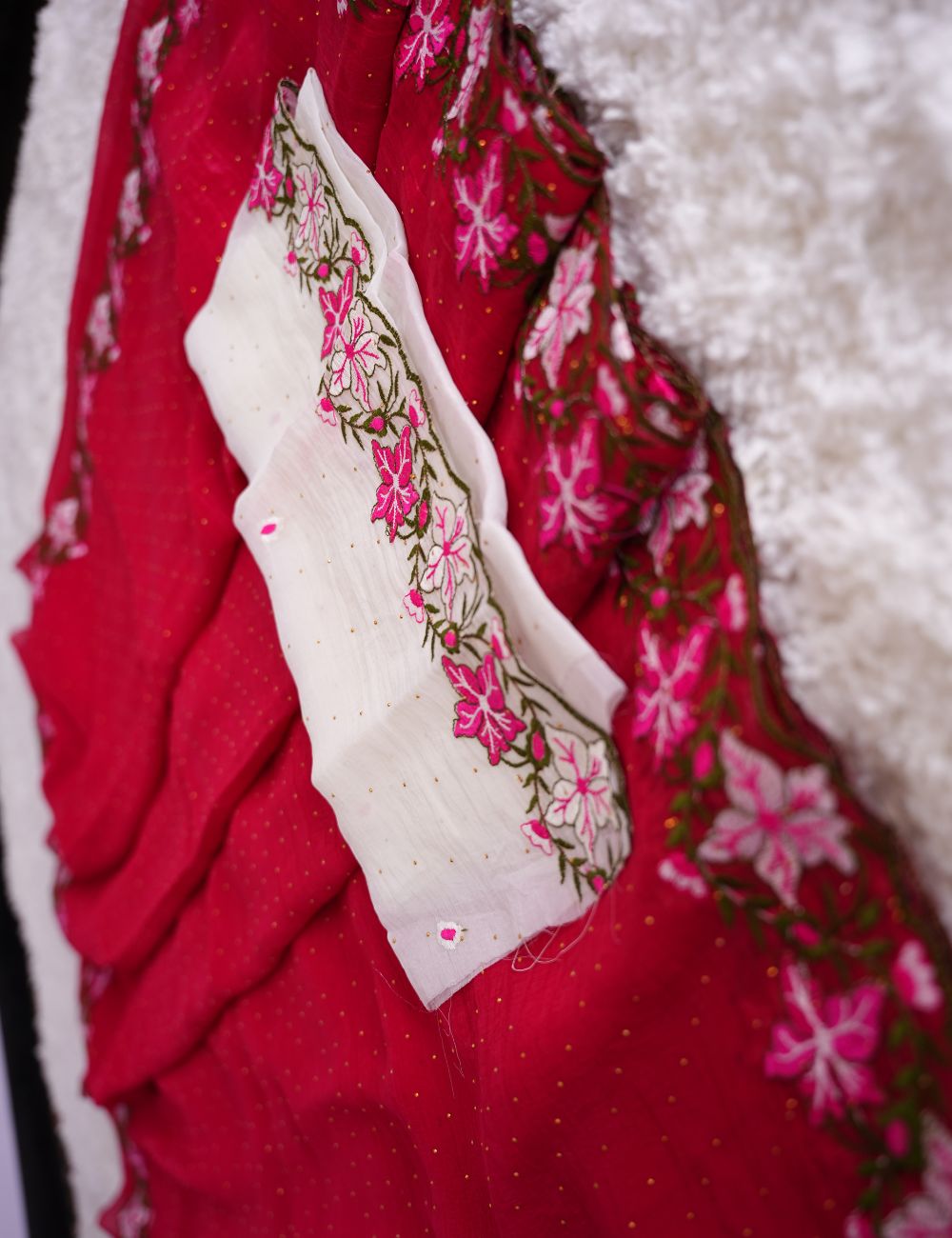 Pinkish Red and White embroidery crunchy crush chiffon saree