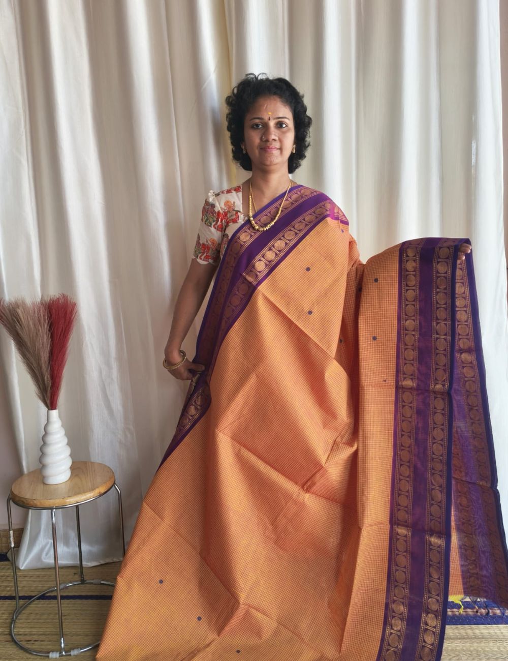 Chettinad cotton saree with zari borders and buttas
