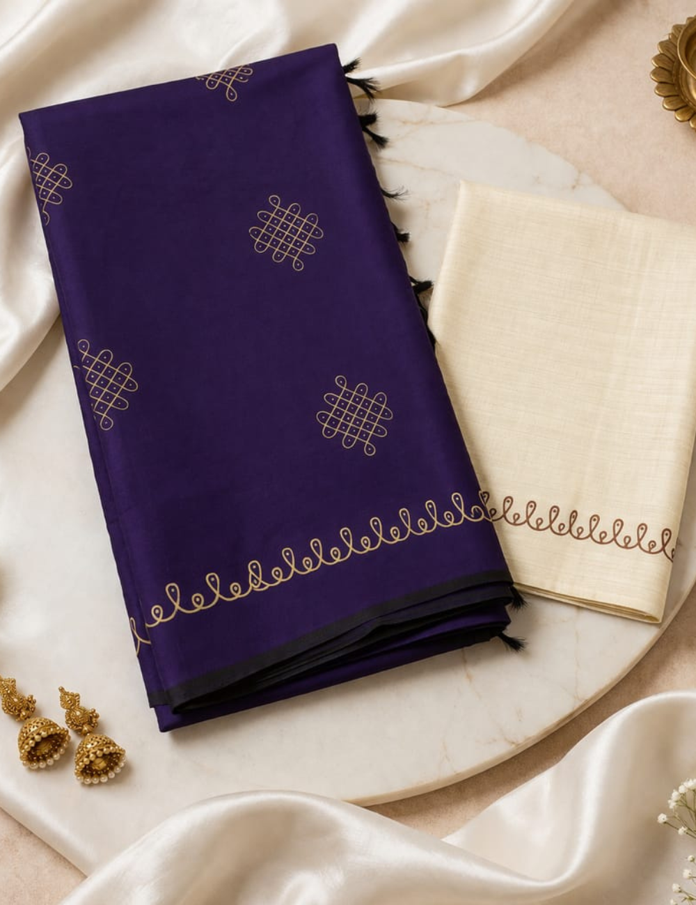 Deep Royal Purple Kolam printed Bamboo cotton saree