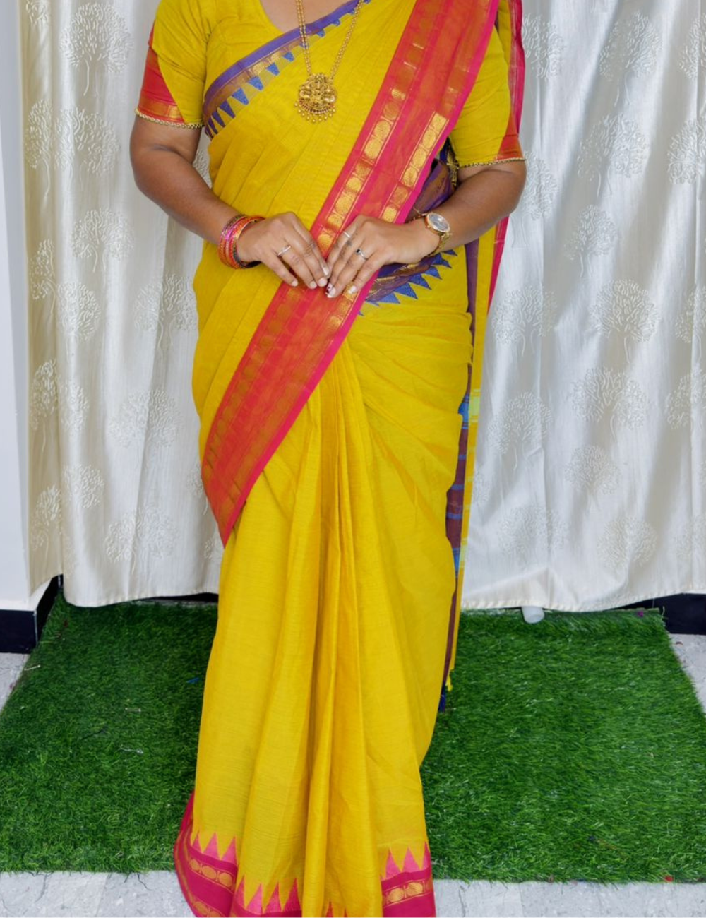 Mustard yellow-Chettinad Cotton plain Saree with Retta petta Ganga Jamuna Border
