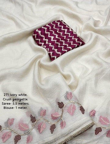 Crush georgette embroidery saree Ivory white and purple