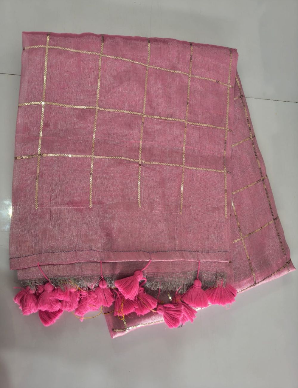 Mulmul Sequence Tissue Baby pink sarees with beautiful tussels
