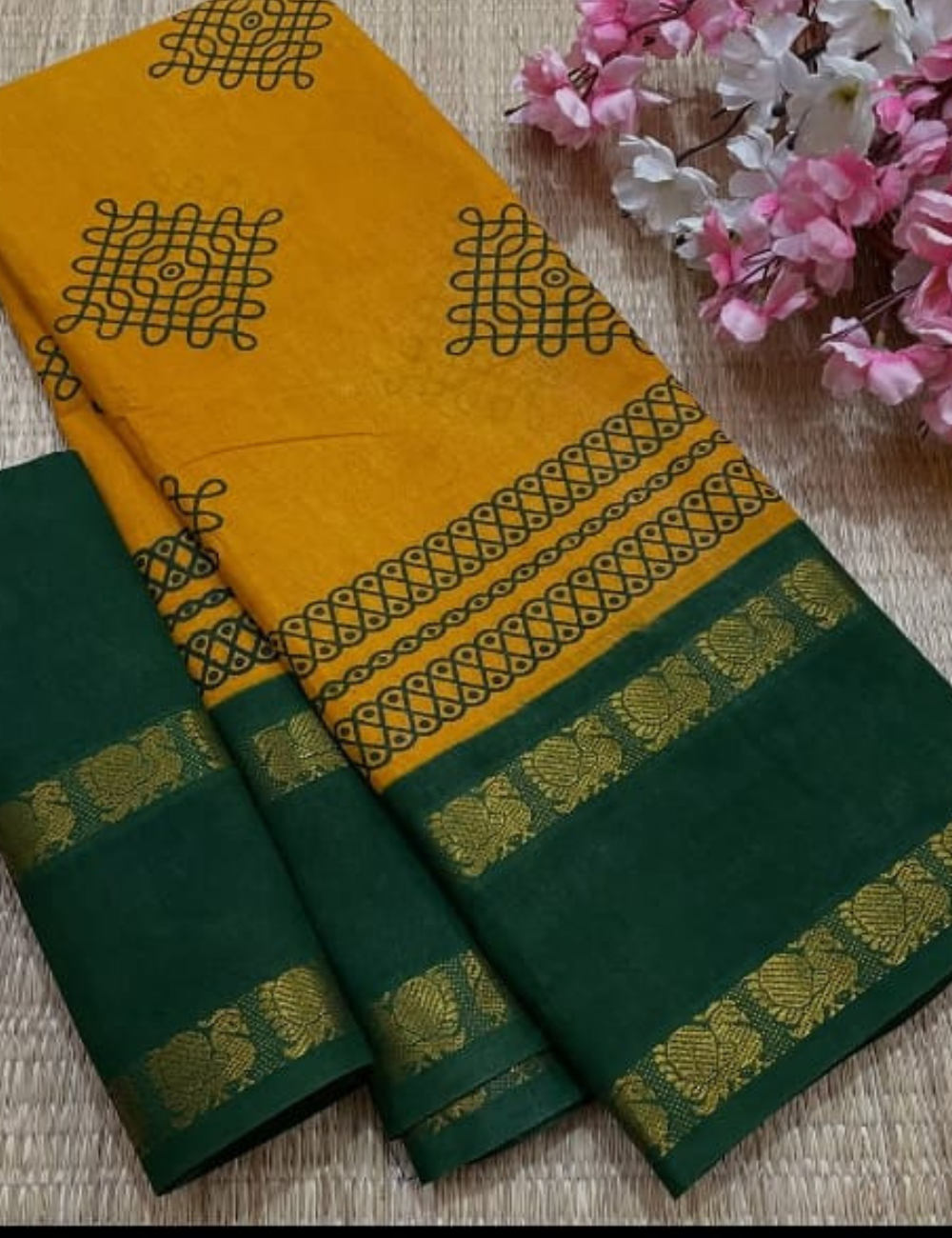 Turmeric Yellow Sungadi Cotton Saree with Kolam Printed Rich Green Border