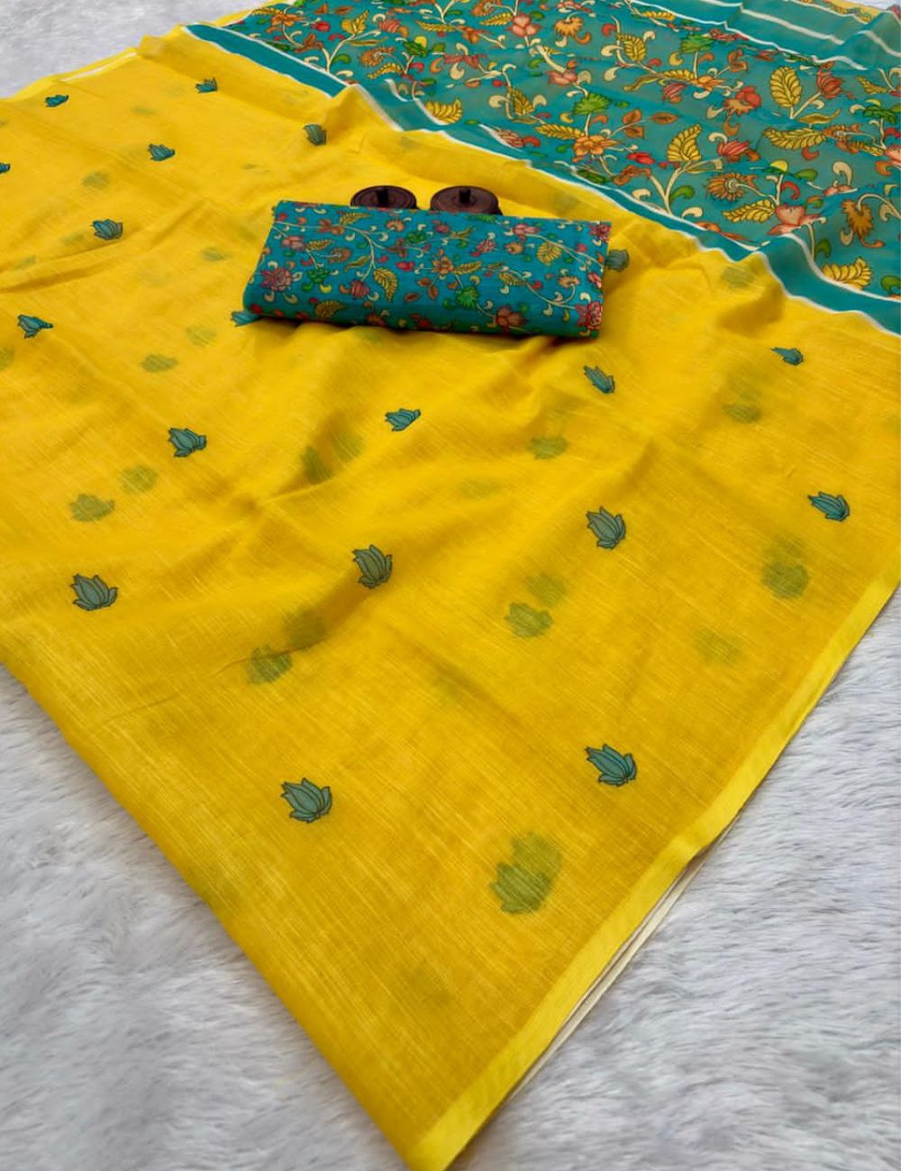 (Yellow and Sky Blue)Elegant Linen Cotton Saree with Kalamkari Blouse, Pen Kalamkari Pallu