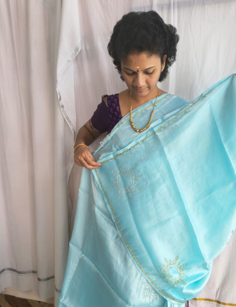 Sky blue Designer Organza Saree with Blouse Piece Elegant Lightweight Ethnic Outfit