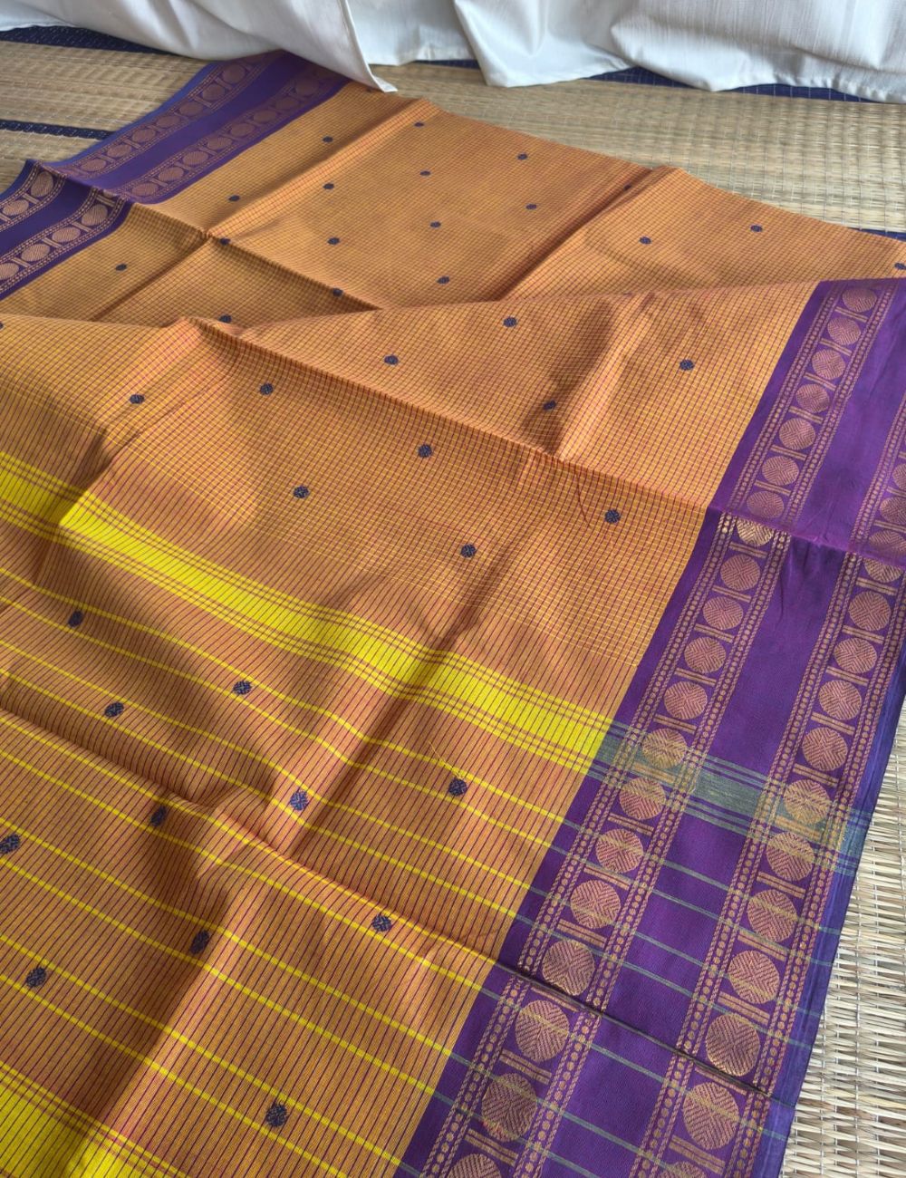 Chettinad cotton saree with zari borders and buttas
