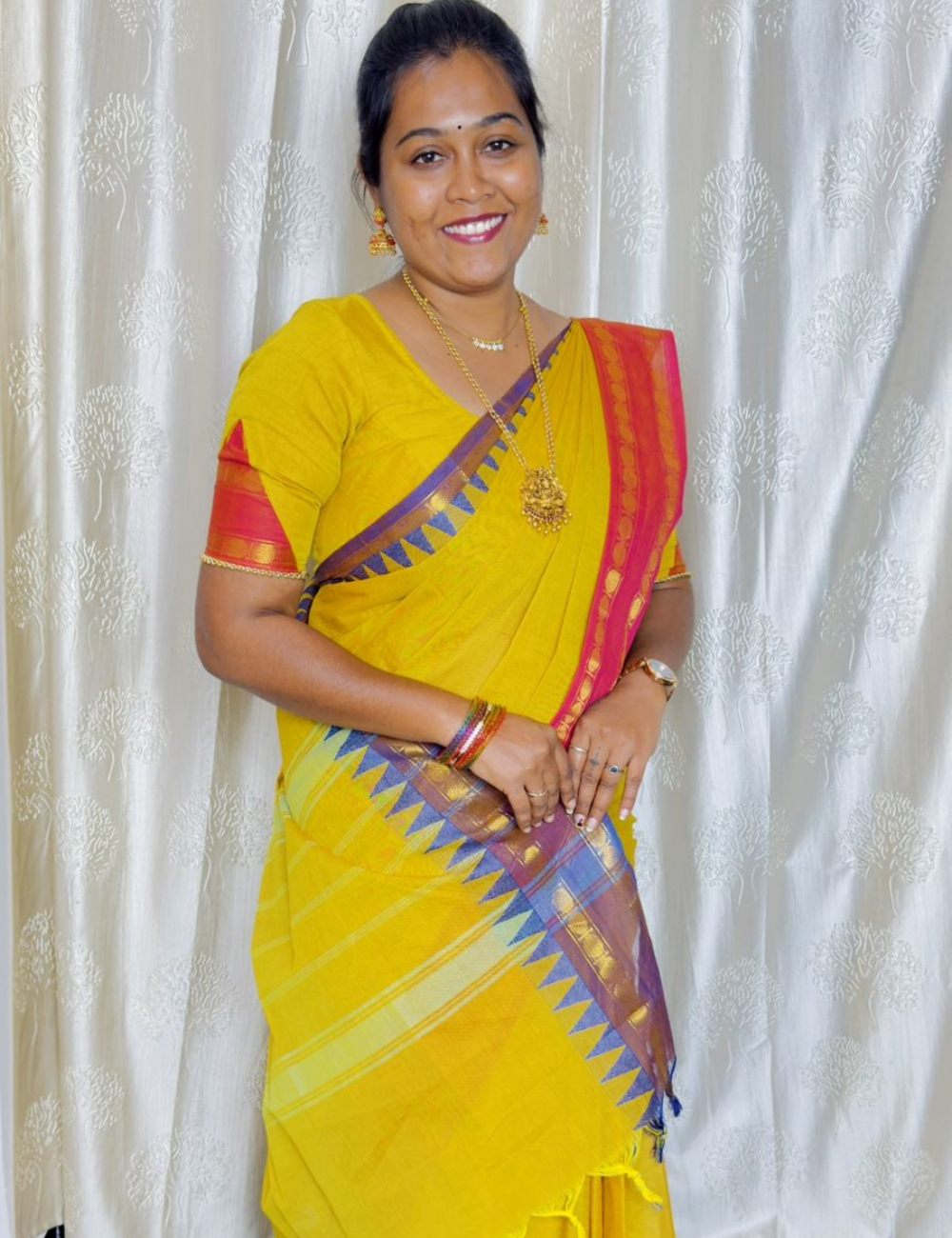 Mustard yellow-Chettinad Cotton plain Saree with Retta petta Ganga Jamuna Border
