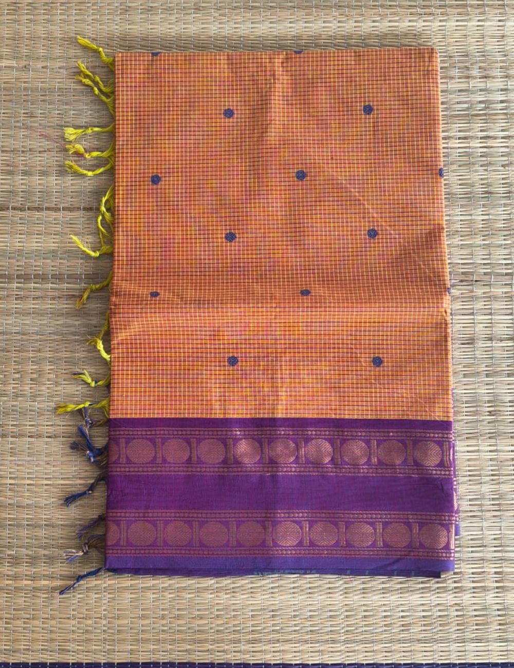 Chettinad cotton saree with zari borders and buttas