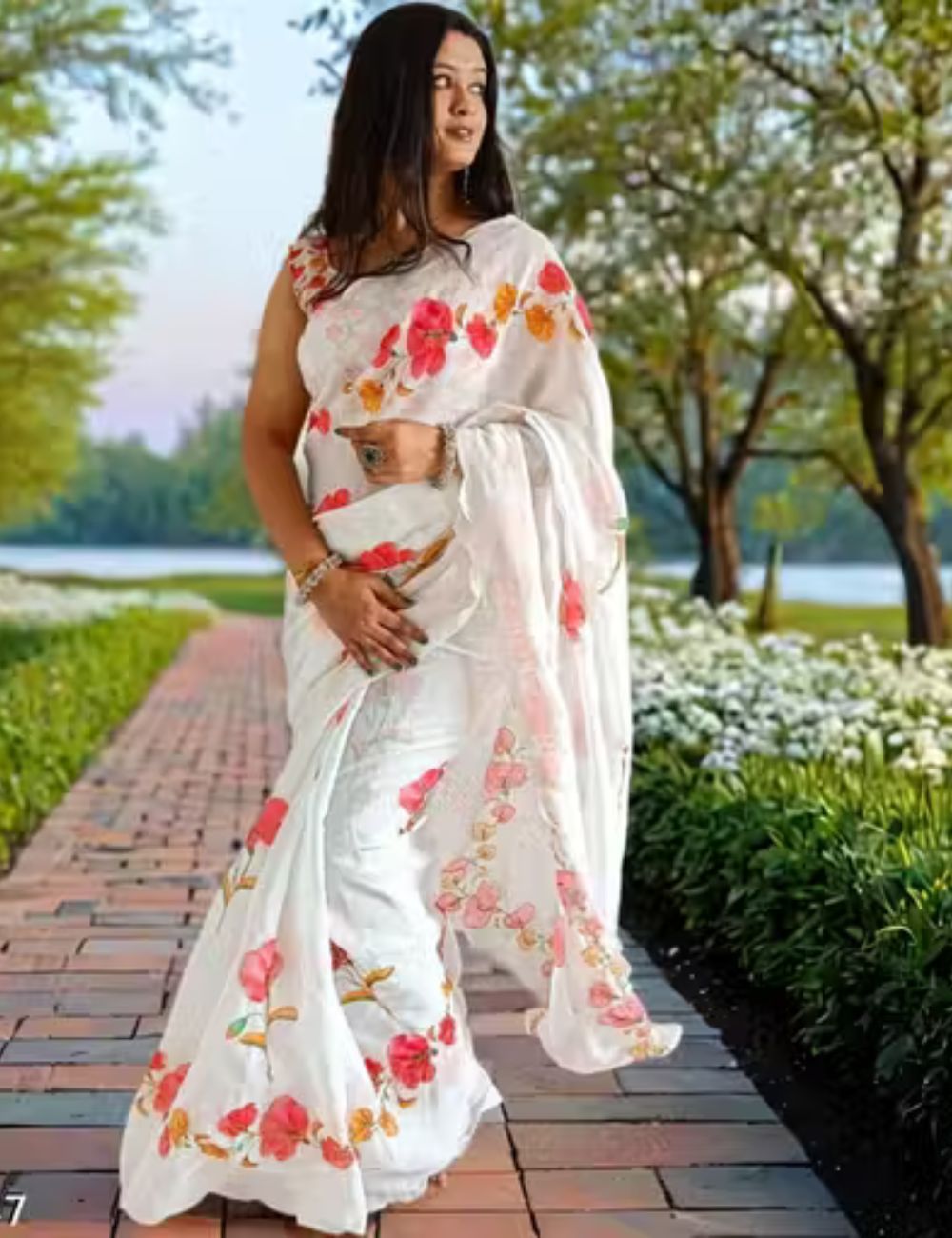 White Linen cotton saree with scallop kantha work border