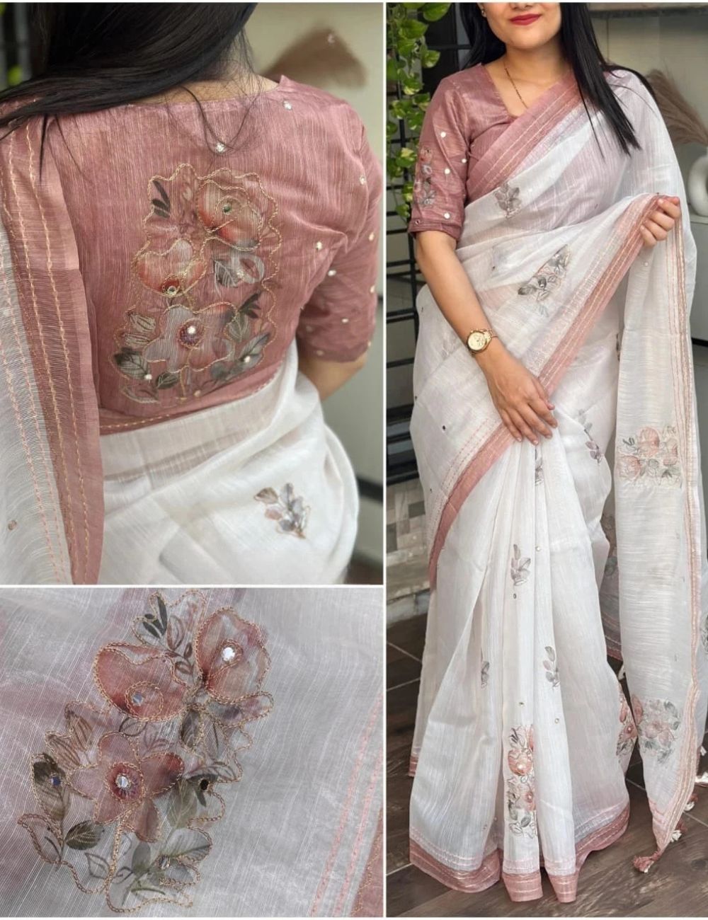 Kantha embroidery linen saree (pastel brown)