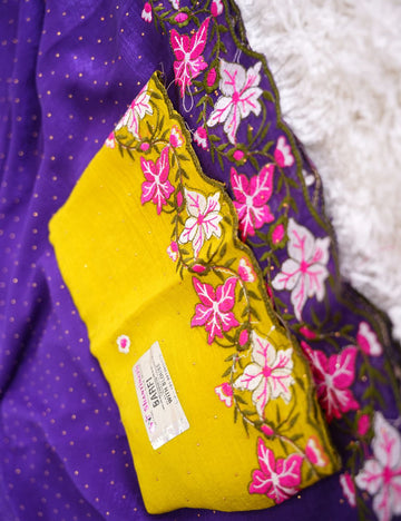 Dark purple and yellowish green embroidery crunchy crush chiffon saree