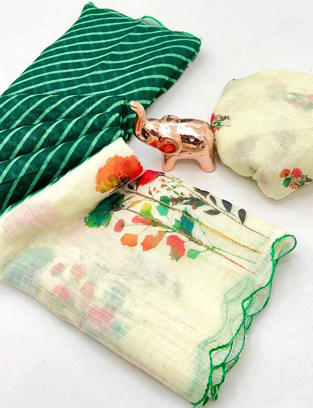 Green color scalloped kantha work linen saree with contrast blouse