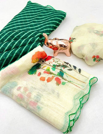Green color scalloped kantha work linen saree with contrast blouse