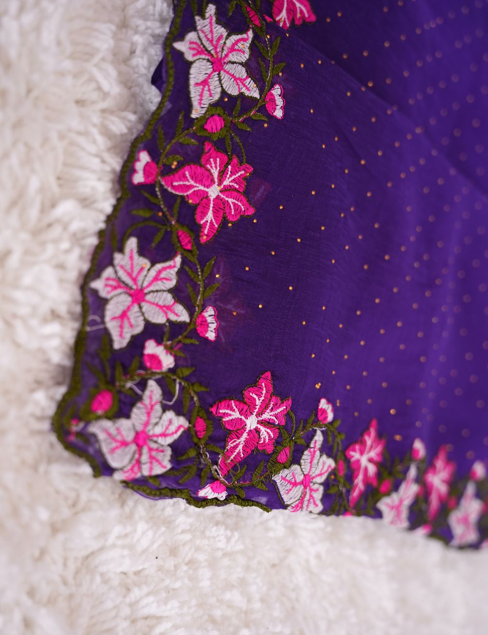 Dark purple and yellowish green embroidery crunchy crush chiffon saree
