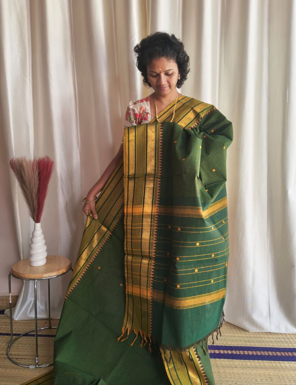 Chettinad cotton saree with zari border and buttas( Dark Green )