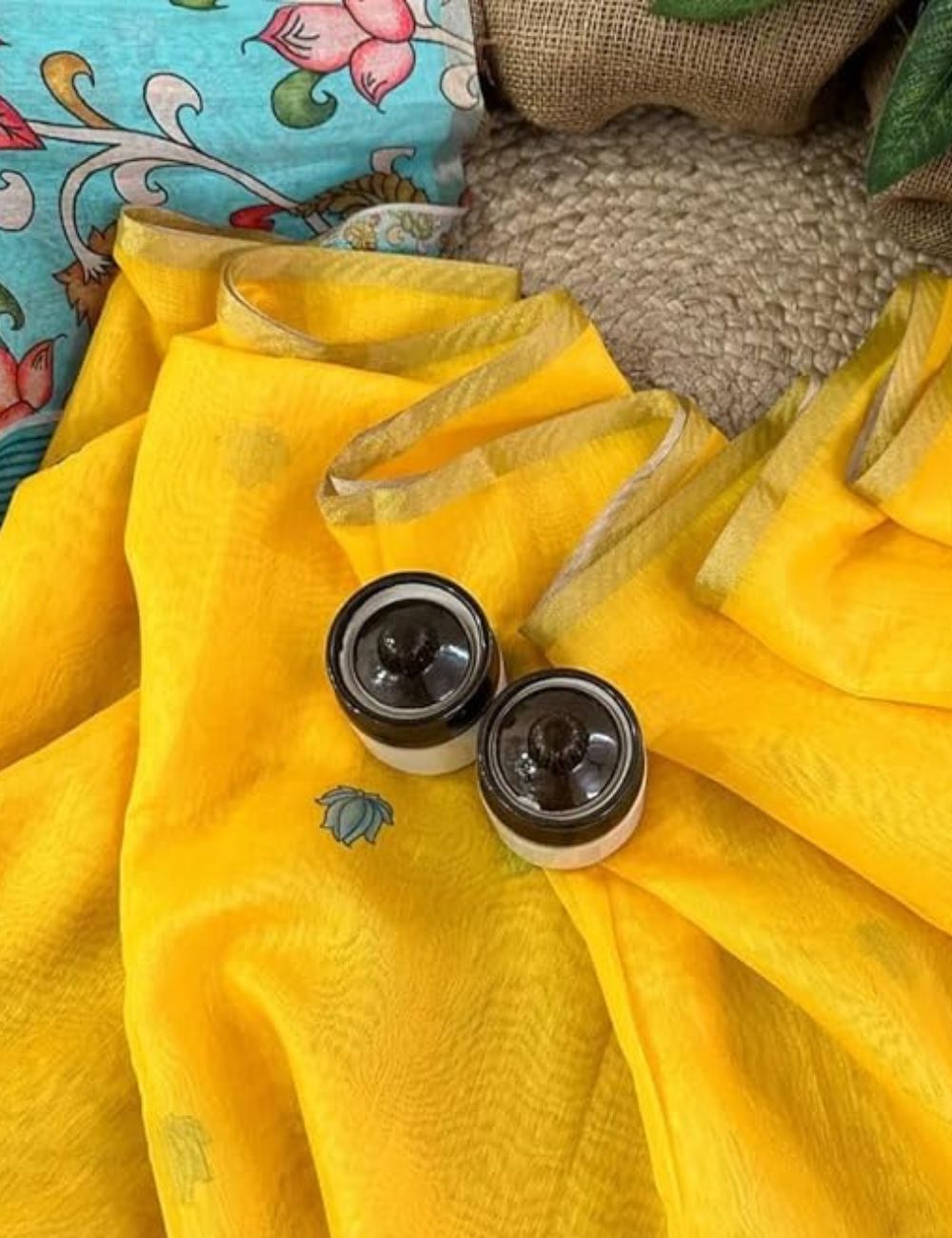 (Yellow and Sky Blue)Elegant Linen Cotton Saree with Kalamkari Blouse, Pen Kalamkari Pallu