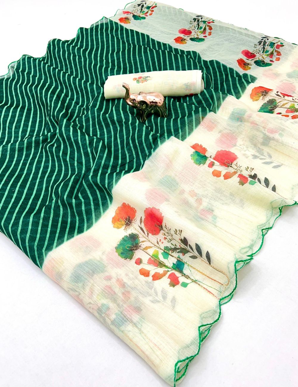 Green color scalloped kantha work linen saree with contrast blouse