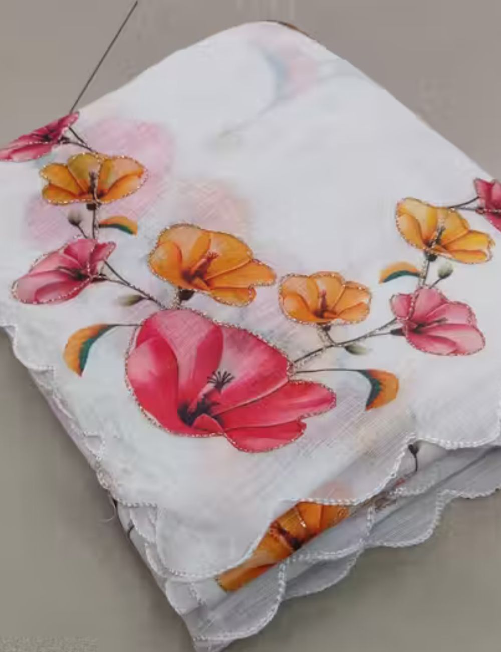 White Linen cotton saree with scallop kantha work border