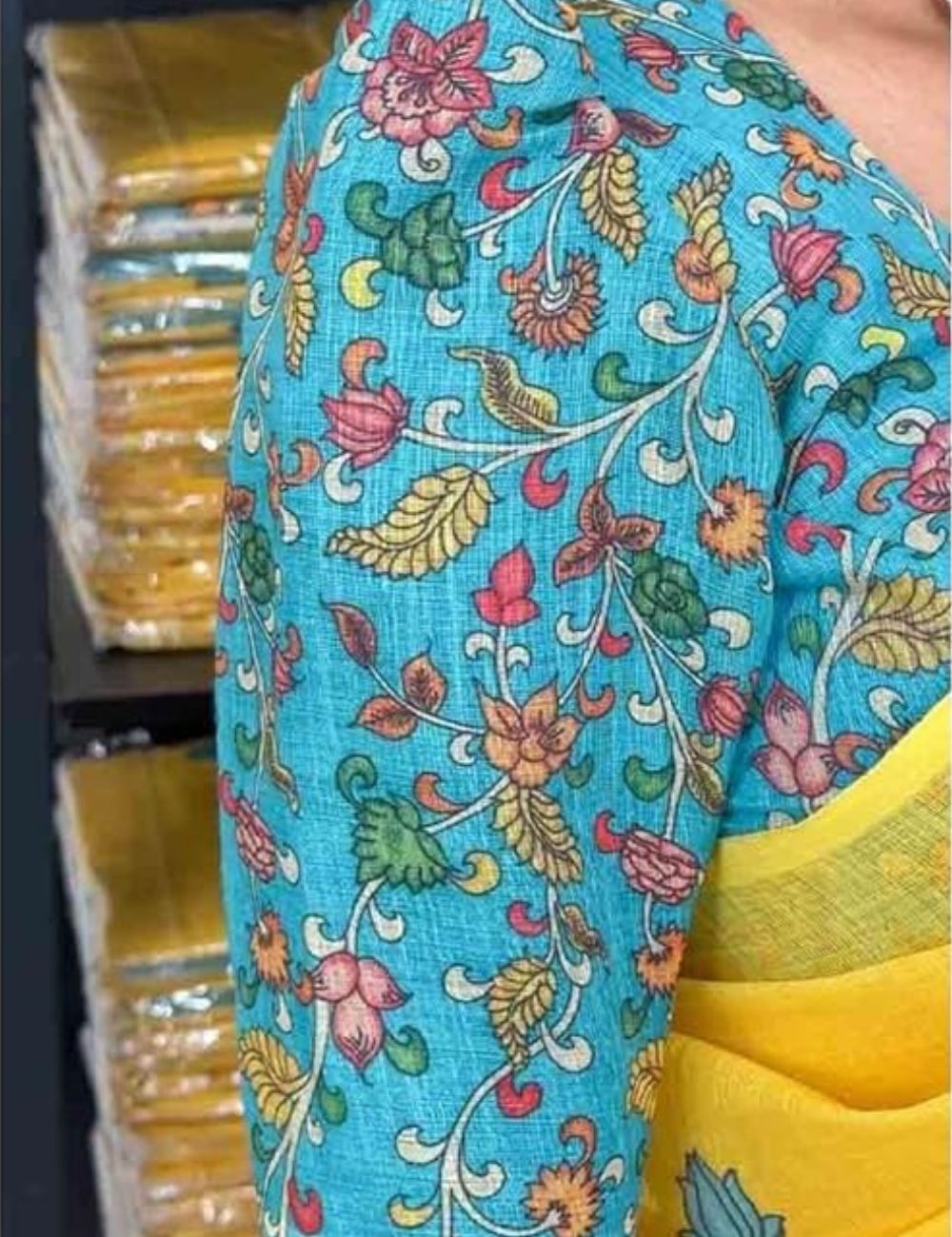 (Yellow and Sky Blue)Elegant Linen Cotton Saree with Kalamkari Blouse, Pen Kalamkari Pallu