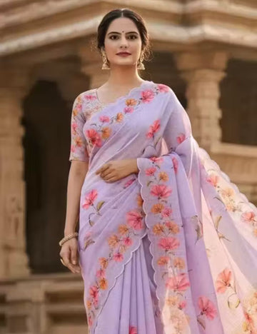 Lavender Linen cotton saree with scallop kantha work border