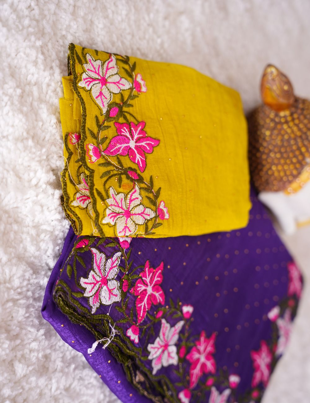 Dark purple and yellowish green embroidery crunchy crush chiffon saree