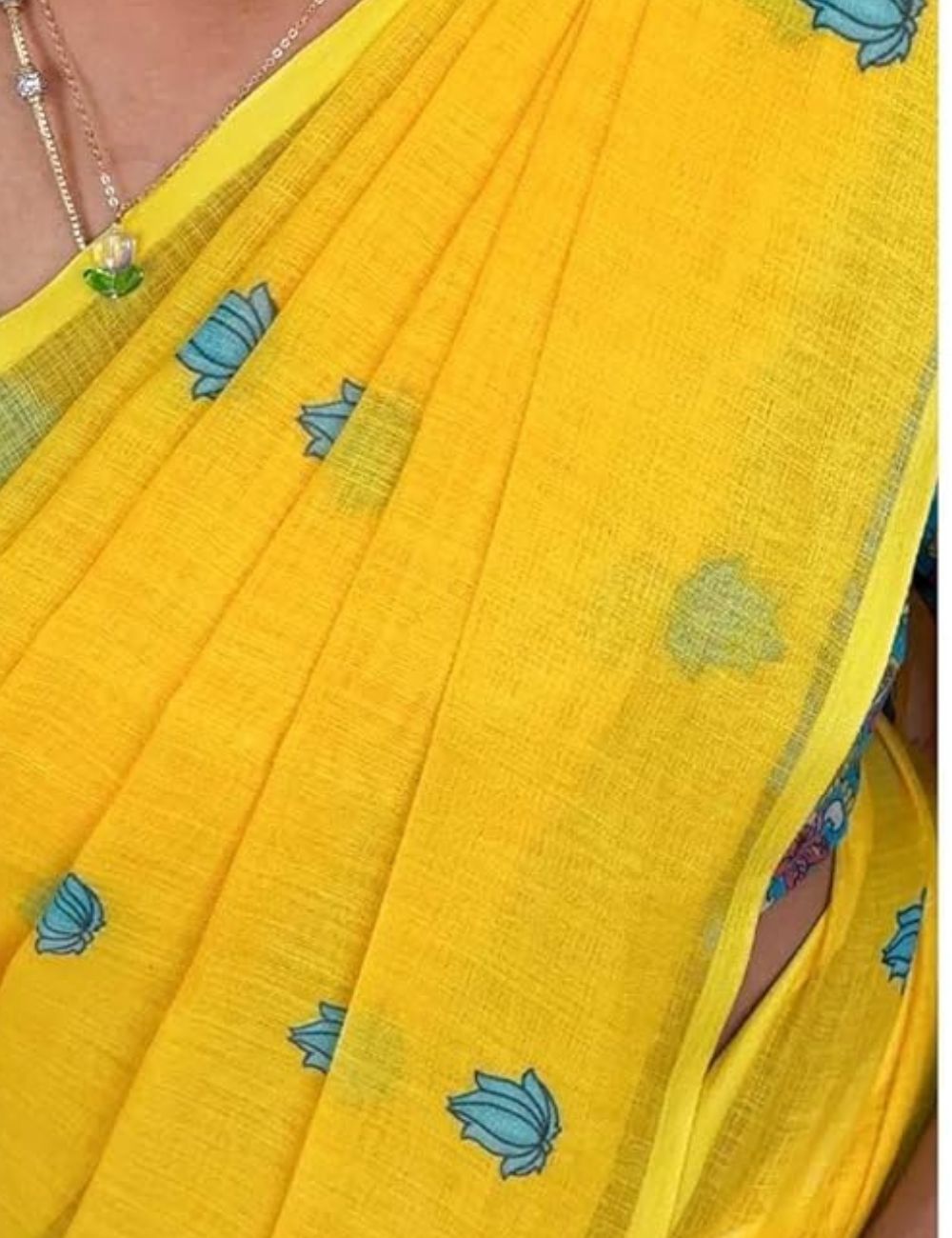 (Yellow and Sky Blue)Elegant Linen Cotton Saree with Kalamkari Blouse, Pen Kalamkari Pallu