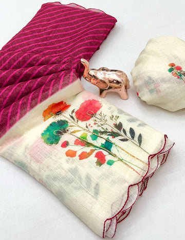 Maroon color scalloped kantha work linen saree with contrast blouse