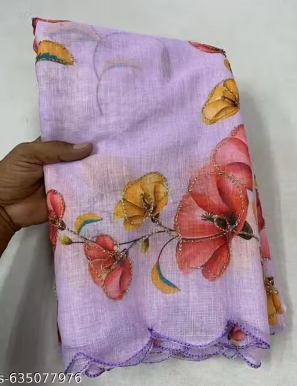 Lavender Linen cotton saree with scallop kantha work border