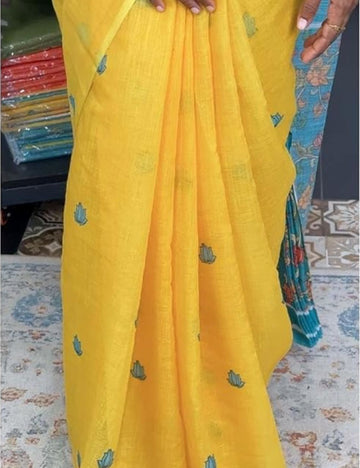 (Yellow and Sky Blue)Elegant Linen Cotton Saree with Kalamkari Blouse, Pen Kalamkari Pallu