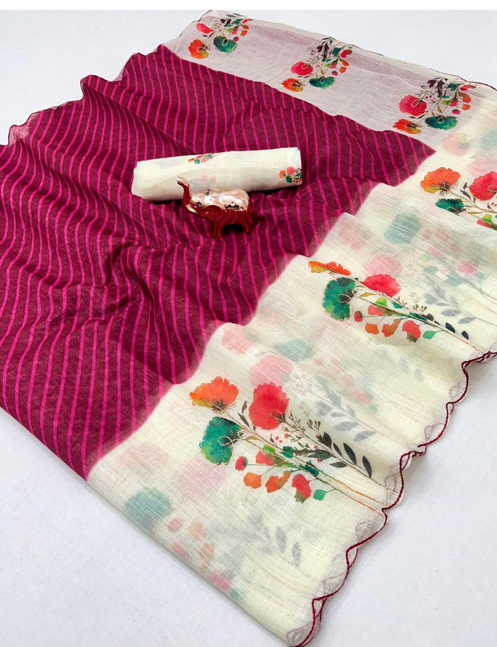 Maroon color scalloped kantha work linen saree with contrast blouse