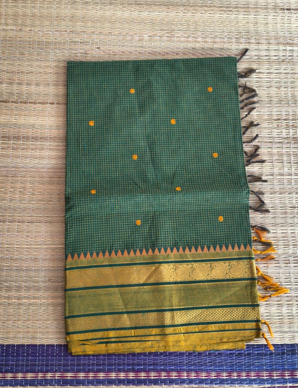Chettinad cotton saree with zari border and buttas( Dark Green )