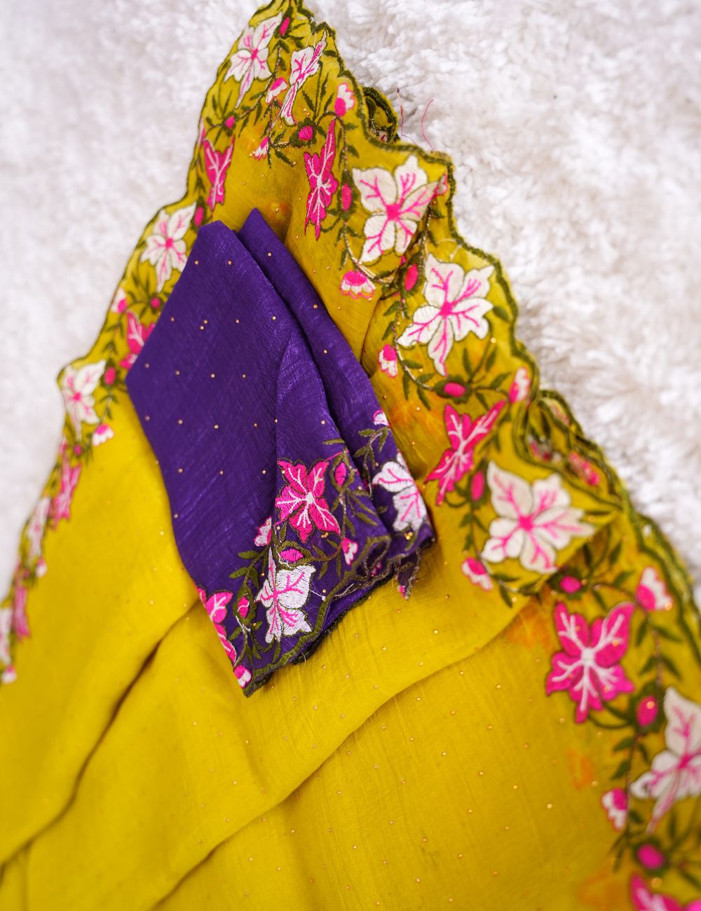 Yellowish Green and Dark purple embroidery crunchy crush chiffon saree