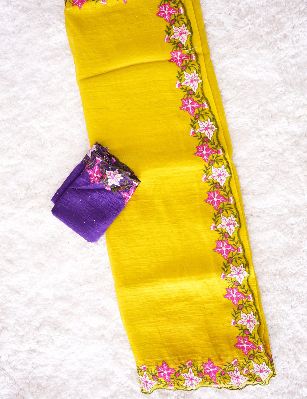 Yellowish Green and Dark purple embroidery crunchy crush chiffon saree