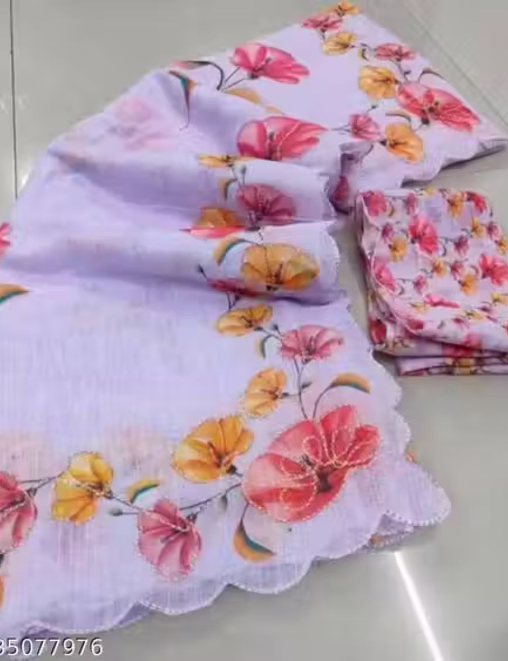 Lavender Linen cotton saree with scallop kantha work border
